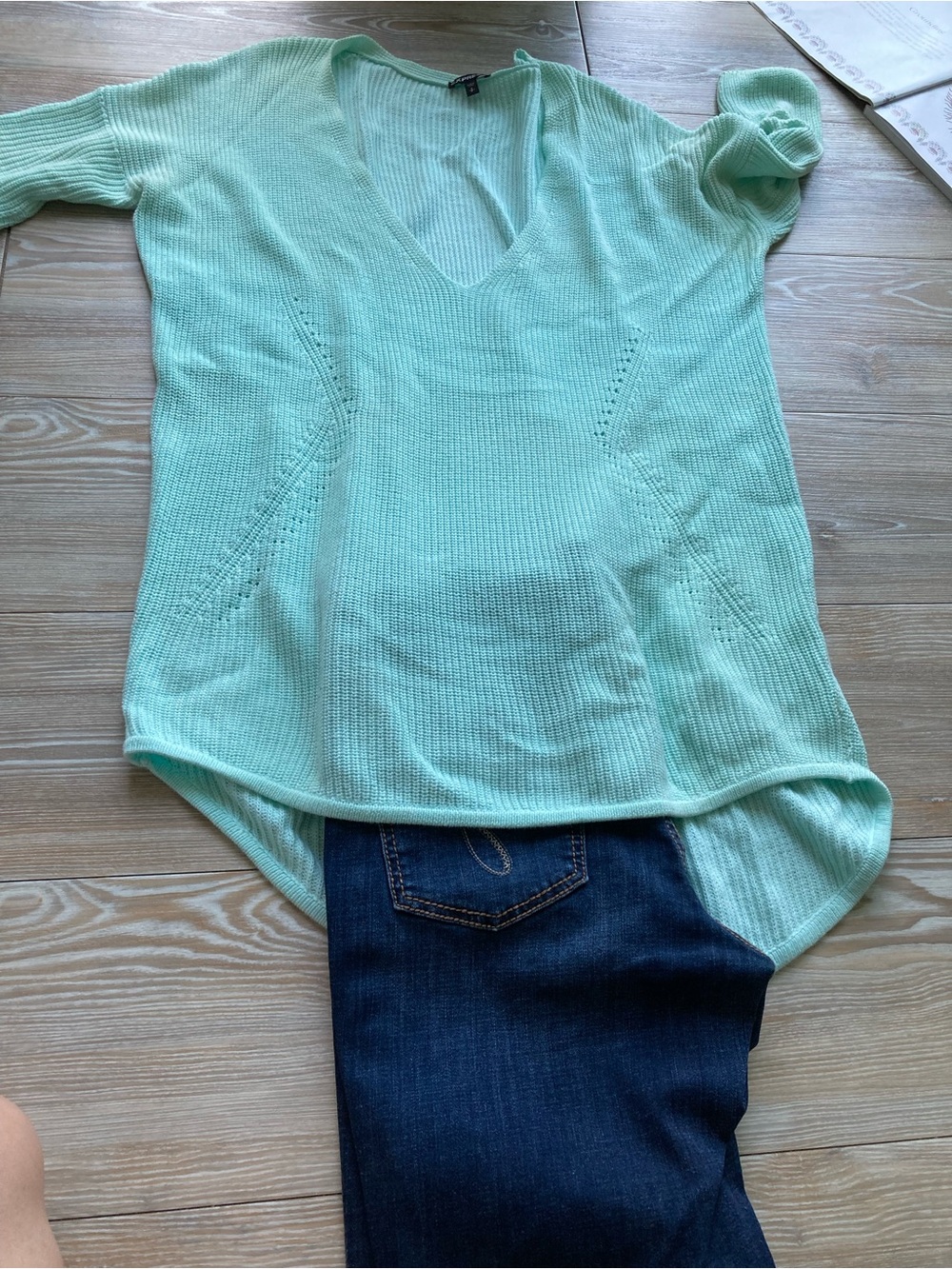 Express Long Tunic Sweater Mint Green V-Neck 3/4 Sleeves Size SP